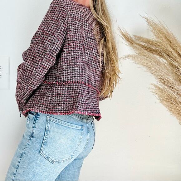 WHBM Pink Black Red Tweed Woven Peplum Ruffle Fringe Moto Zip Blazer Jacket 4 - Picture 4 of 15